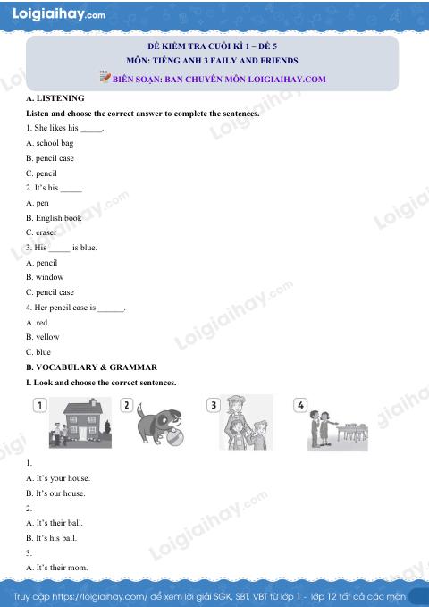 Đề thi học kì 1 Tiếng Anh 3 Family and Friends - Đề số 5